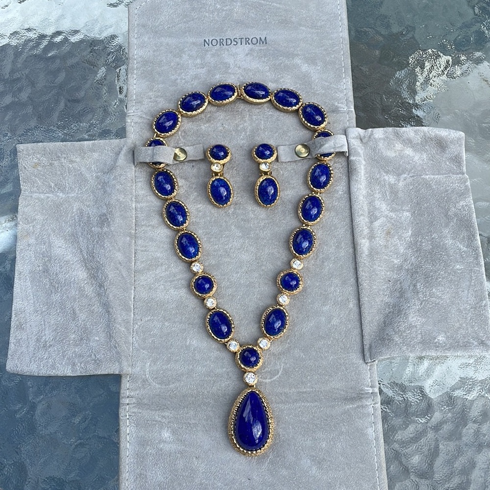 Christian Dior Lapis Lazuli Glass Cabochon Necklace and set  Earrings 80’s RARE
